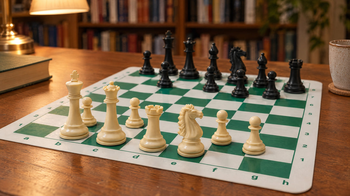 A game in progress on a reading table in a home library, a lamp on and shelves of books behind