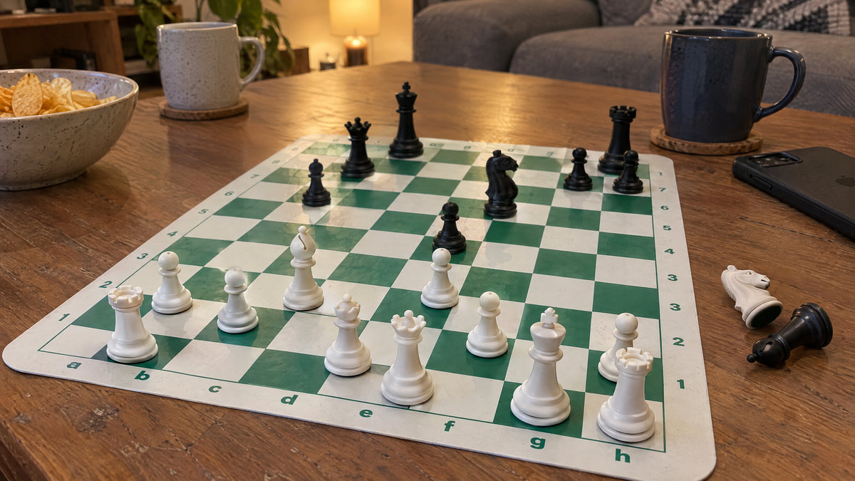 A casual game half played on a green and white board on a living room coffee table beside crisps and two mugs
