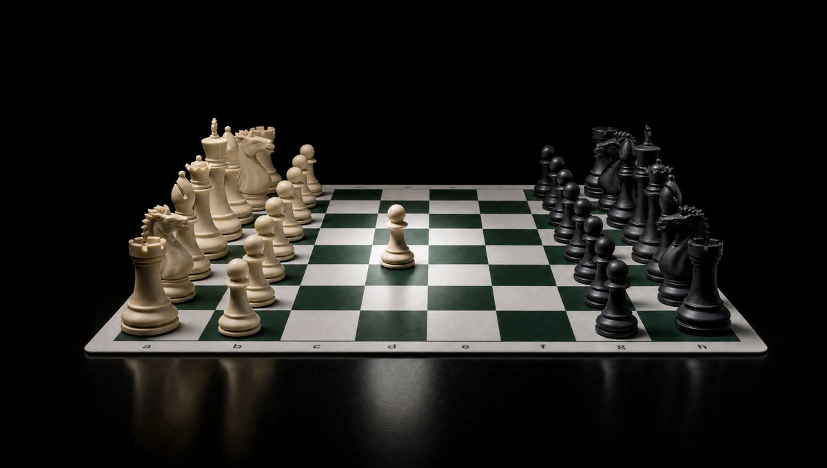 A chess set in its starting position with one cream pawn advanced to e4, the first move of a game