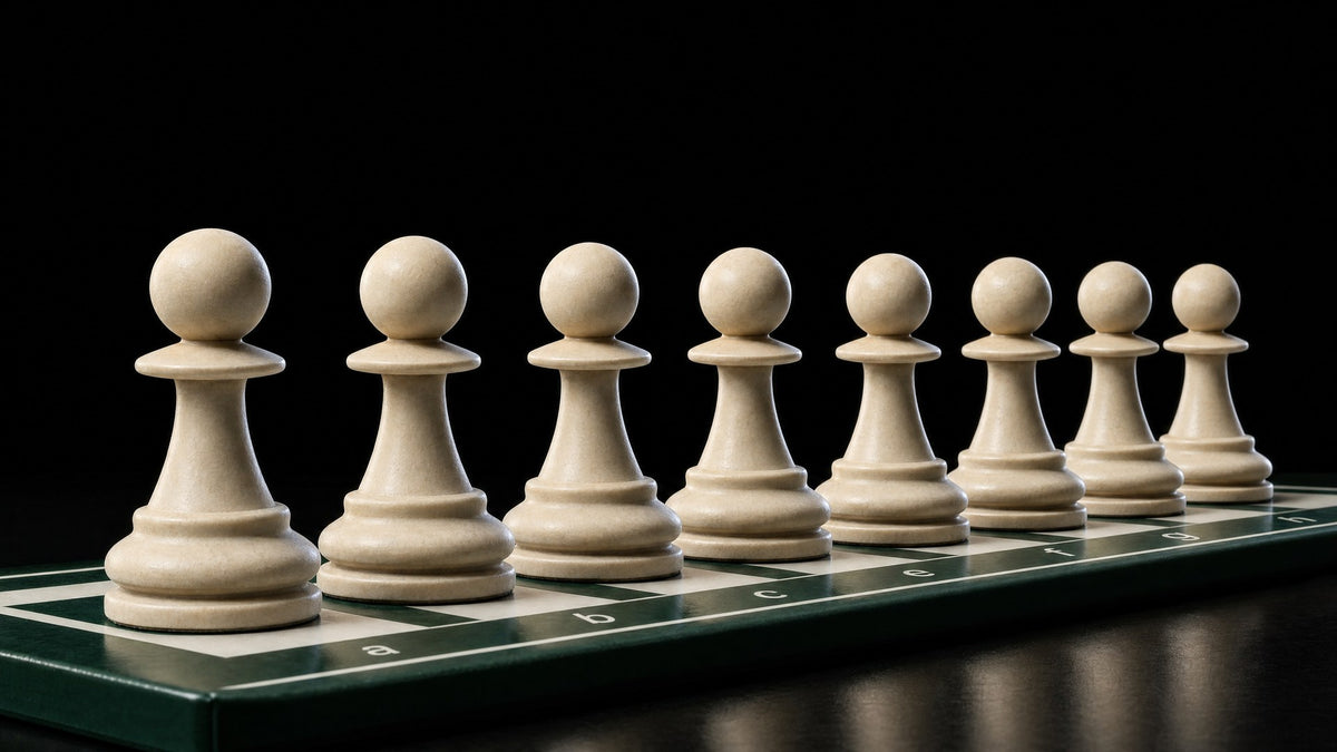 A row of cream pawns along one rank of a green and white chess board with the notation letters visible