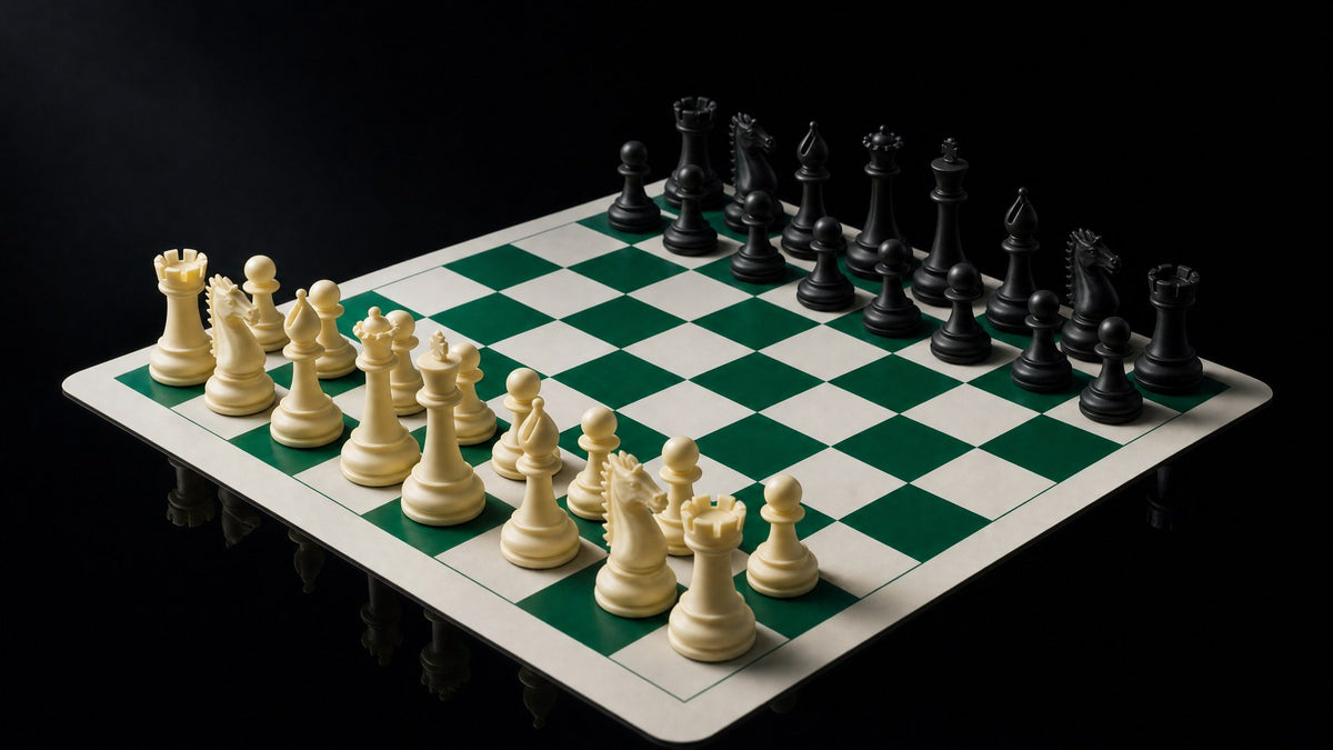A full chess set in its starting position on a green and white board, seen from a low angle