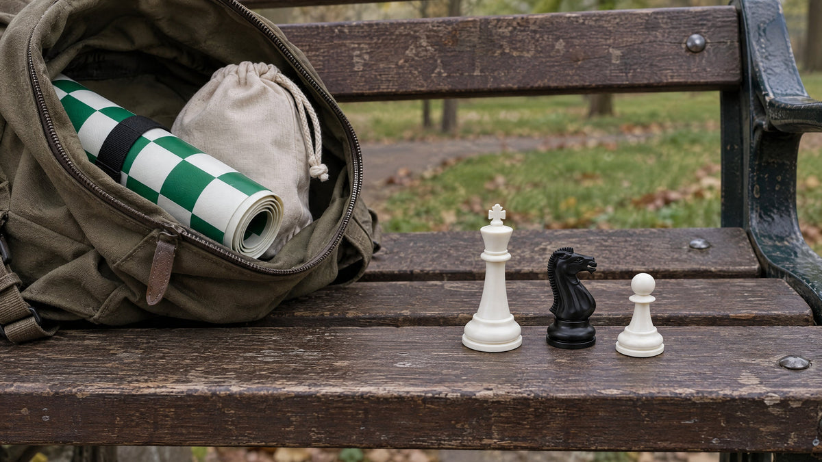 A rolled chess board in a canvas daypack on a park bench, with a king, a knight and a pawn beside it