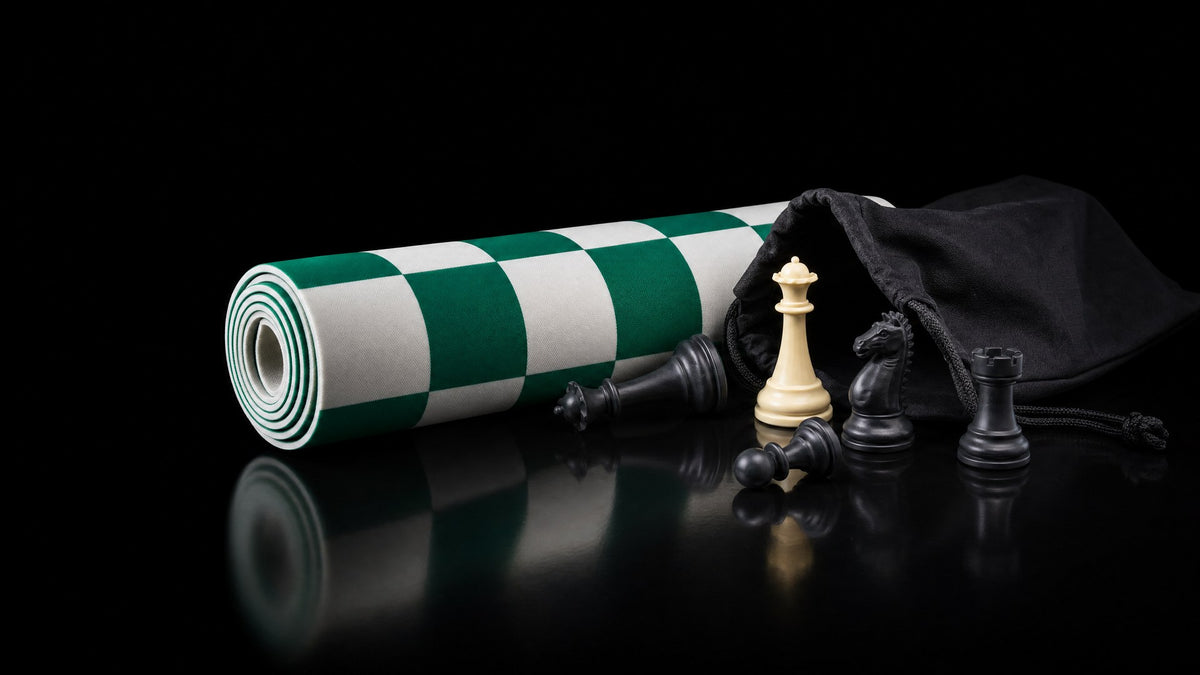 A rolled up green and white silicone chess board beside a drawstring bag with chess pieces spilling out