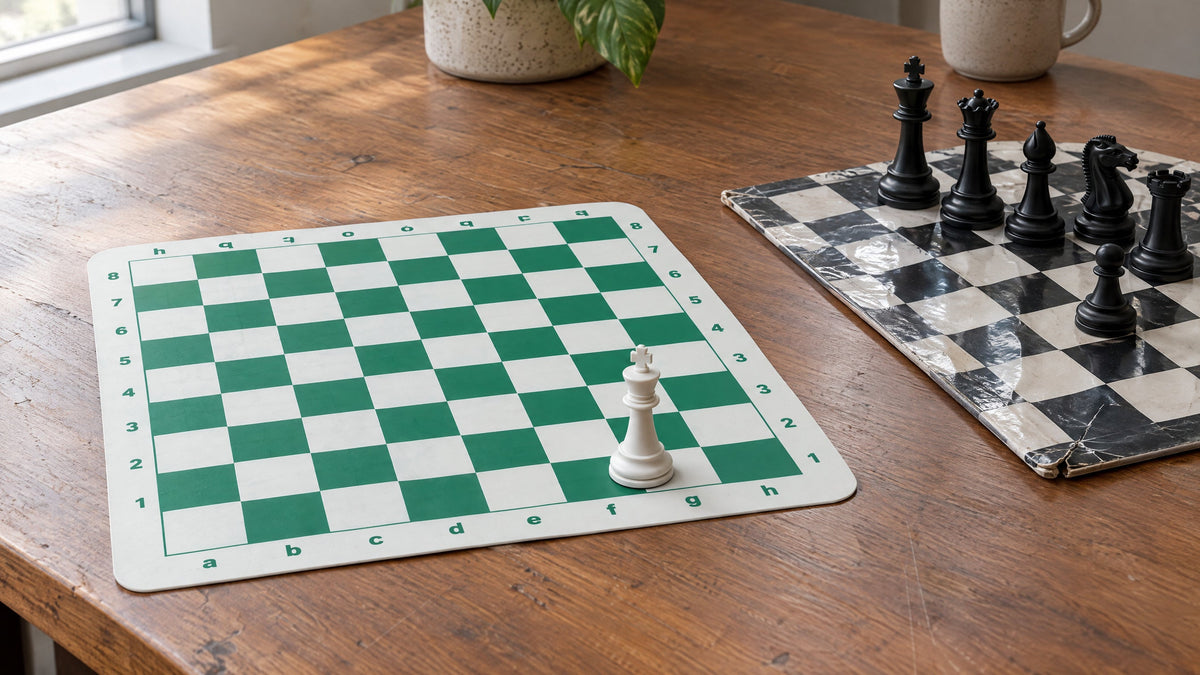 A flat green and white silicone chess board beside a creased and cracked vinyl chess board