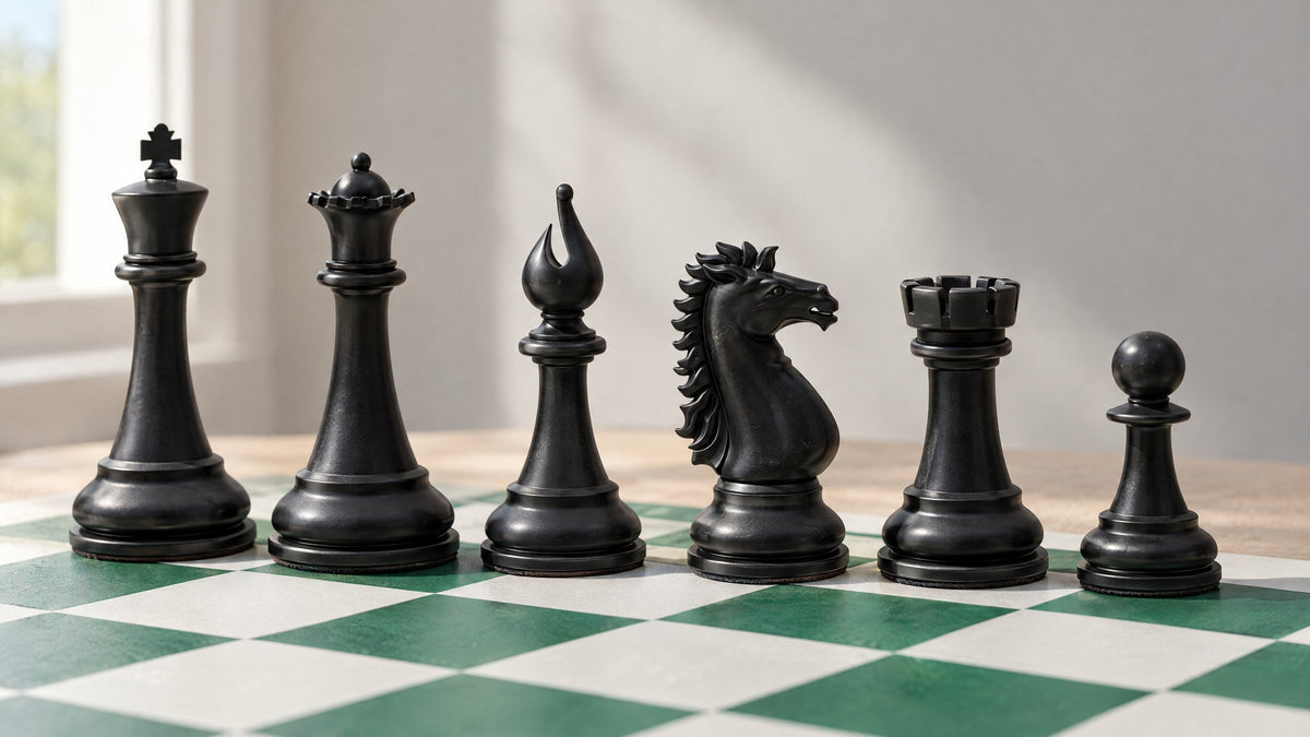The six chess piece types in black, king, queen, bishop, knight, rook and pawn, lined up along the board
