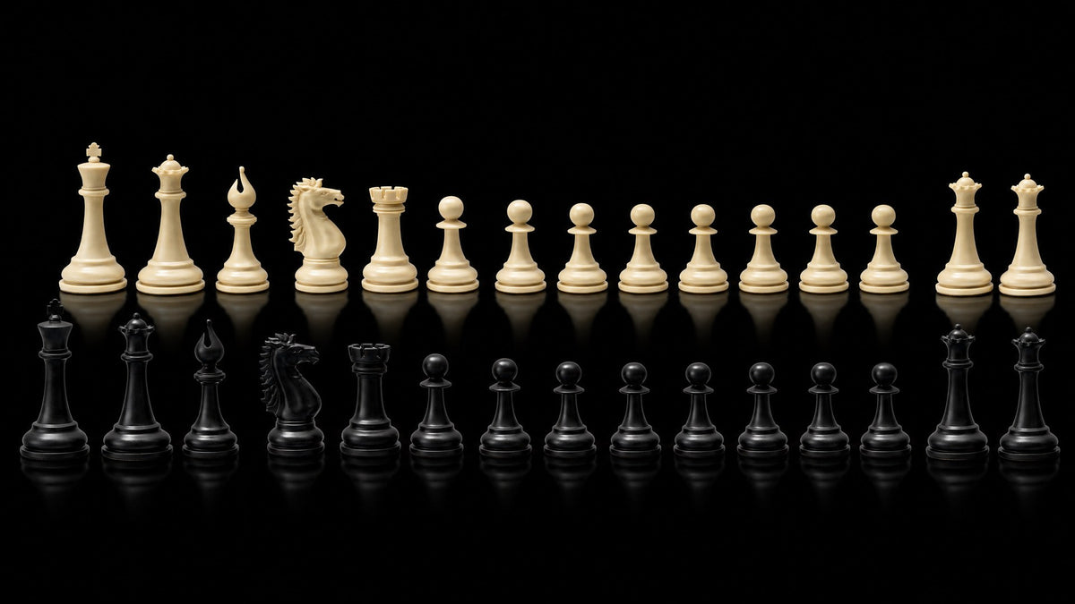 All thirty four chess pieces laid out in two rows, cream behind and black in front, with two spare queens at the end