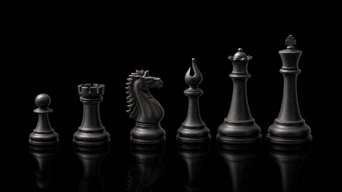 Six black chess pieces standing in a rising line from pawn to king on a dark background
