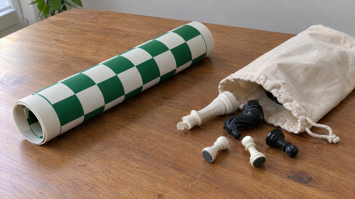 A silicone chess board rolled into a tube beside a drawstring bag with pieces spilling out
