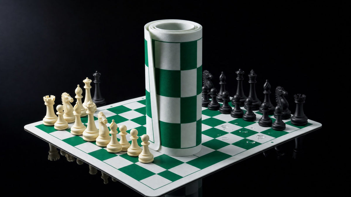A green and white silicone chess board rolled and stood on end beside a second board lying flat