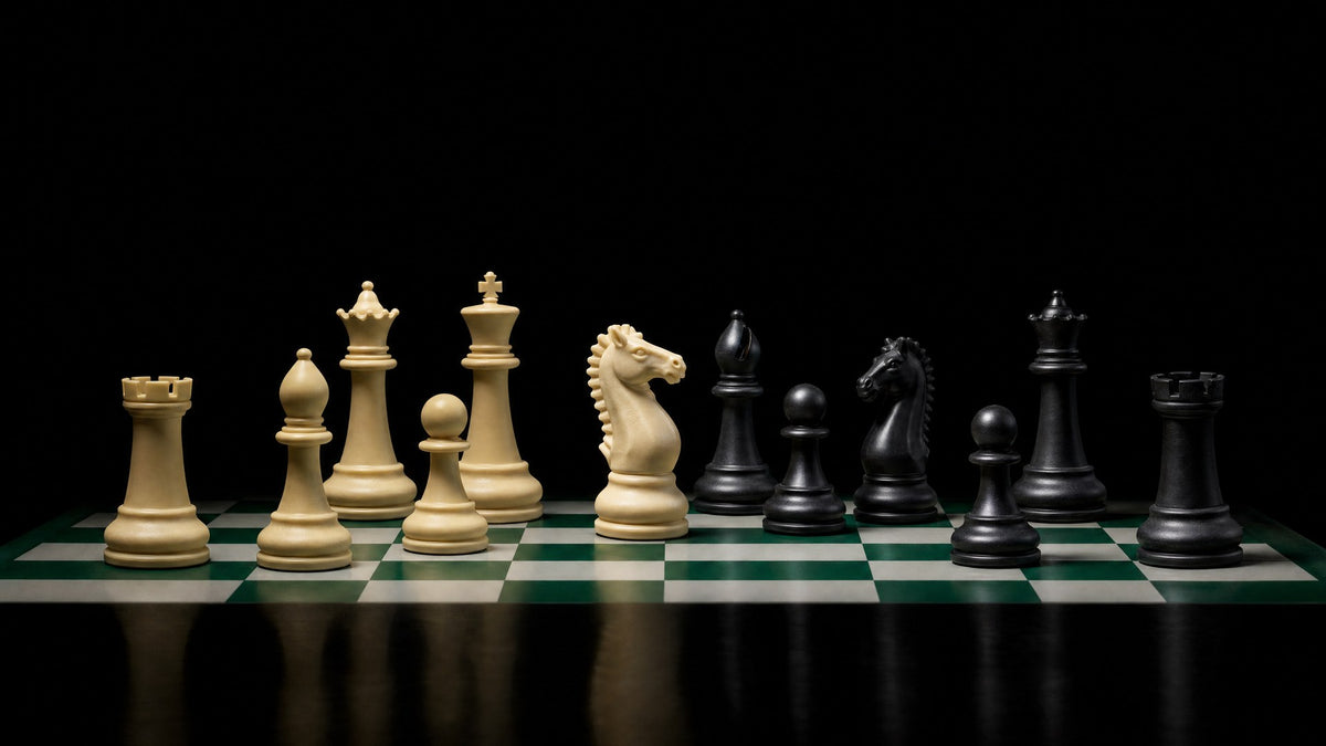 A cream knight advanced ahead of the other pieces in a mid-game position on a chess board