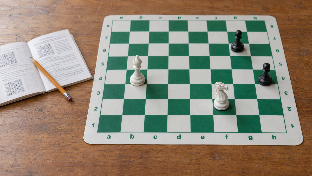 A green and white board with the dark a1 square at the near left and printed a-h and 1-8 notation, a booklet and pencil beside it