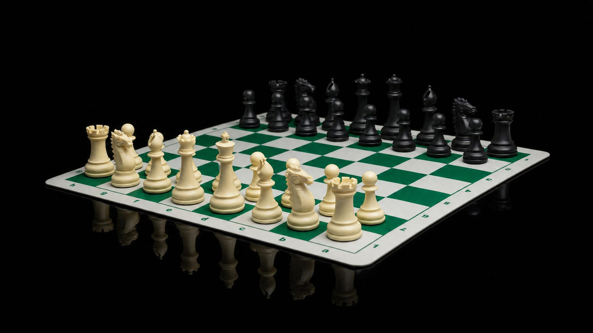 A green and white chess board seen from a low angle with both sides in their full starting position