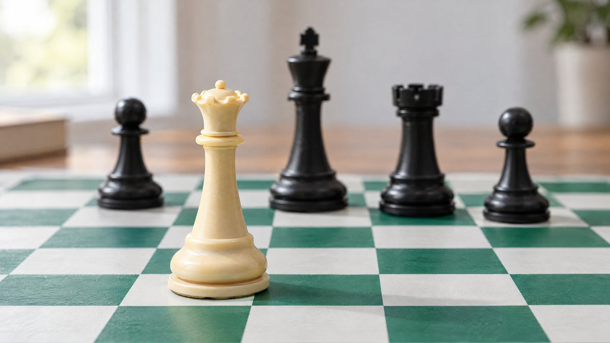 A cream queen in sharp focus on the board with black pieces out of focus behind her