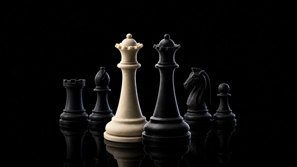 A cream queen and a black queen standing in front of a rook, bishop, knight and pawn on a dark background