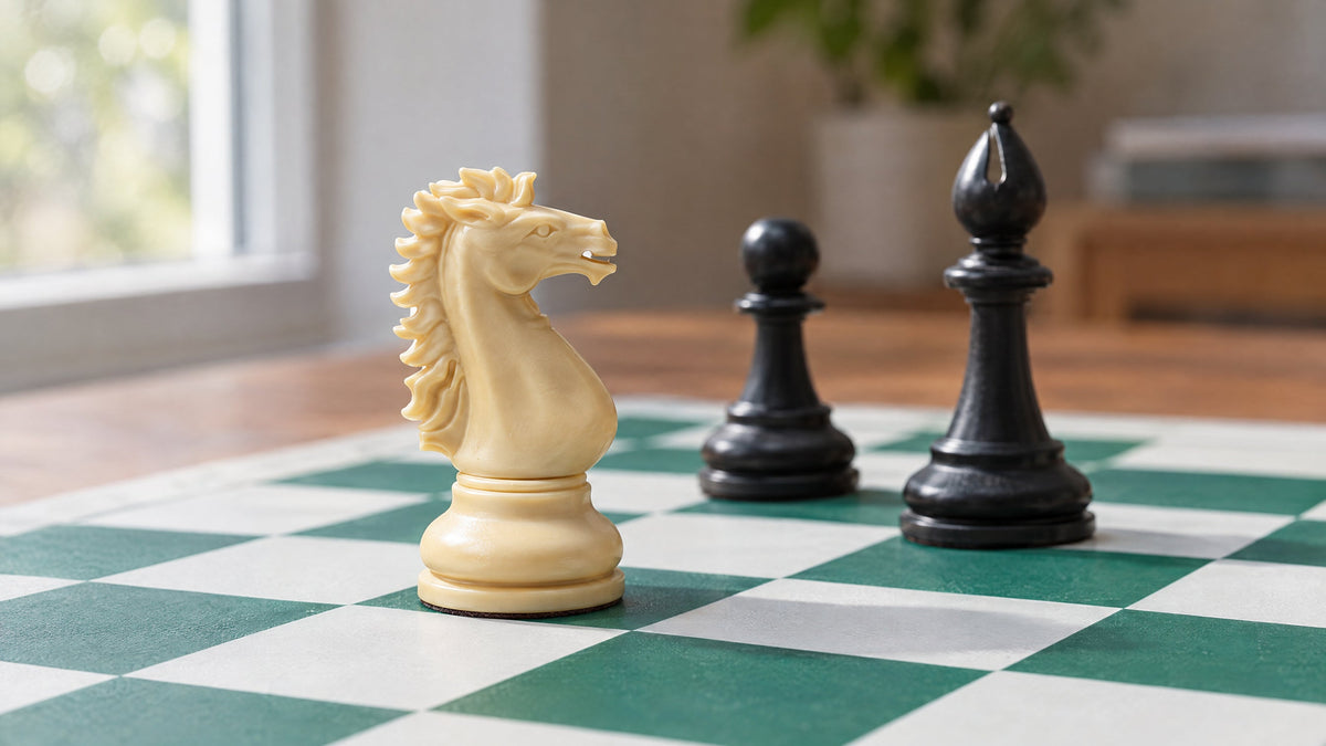 A cream Staunton knight with a long carved mane in sharp focus on the board