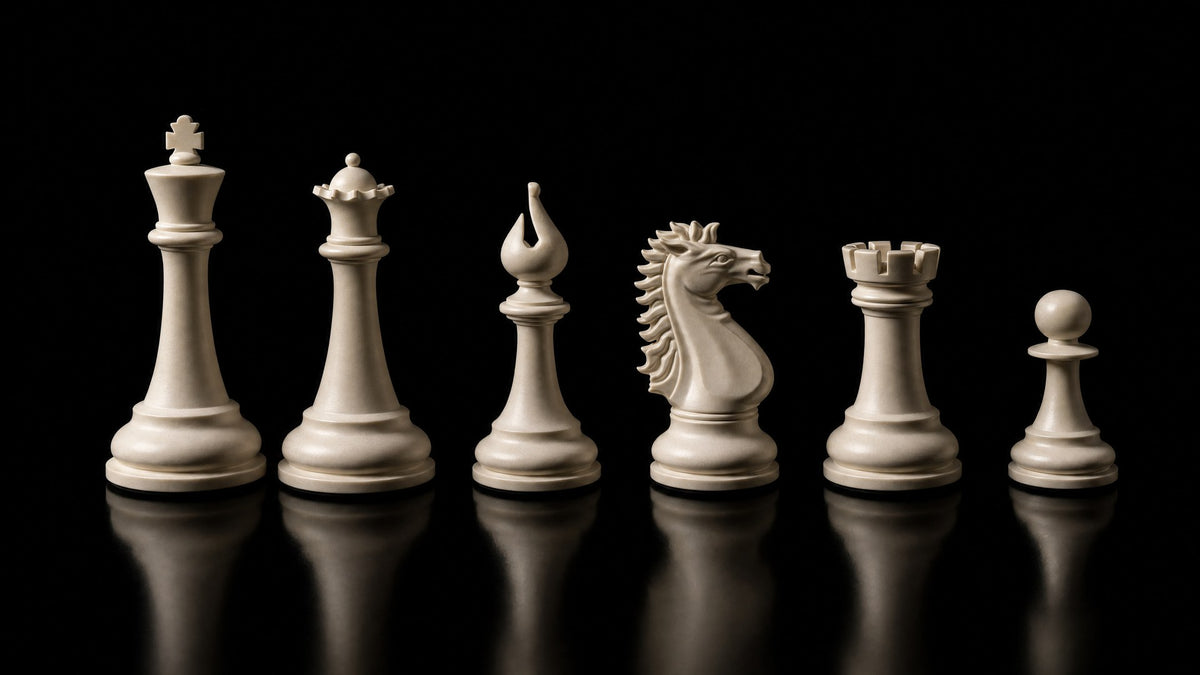 Six cream Staunton chess pieces standing in a row in profile at their true relative heights