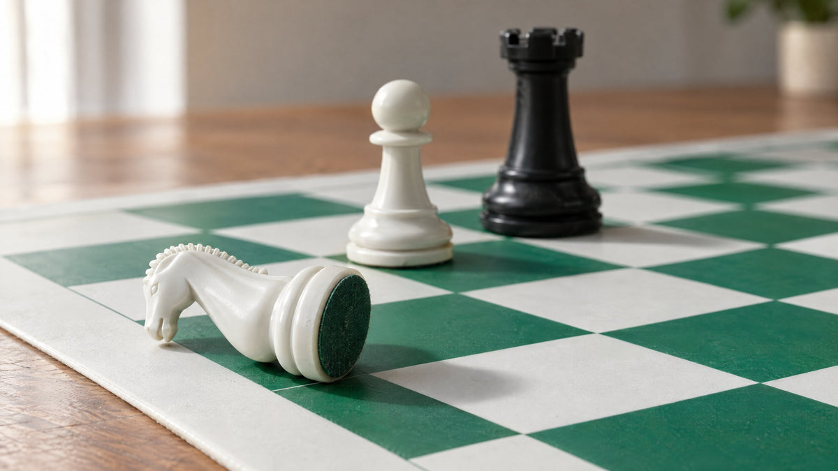 A white knight tipped on its side showing its felt base and weighted bottom at the edge of the board