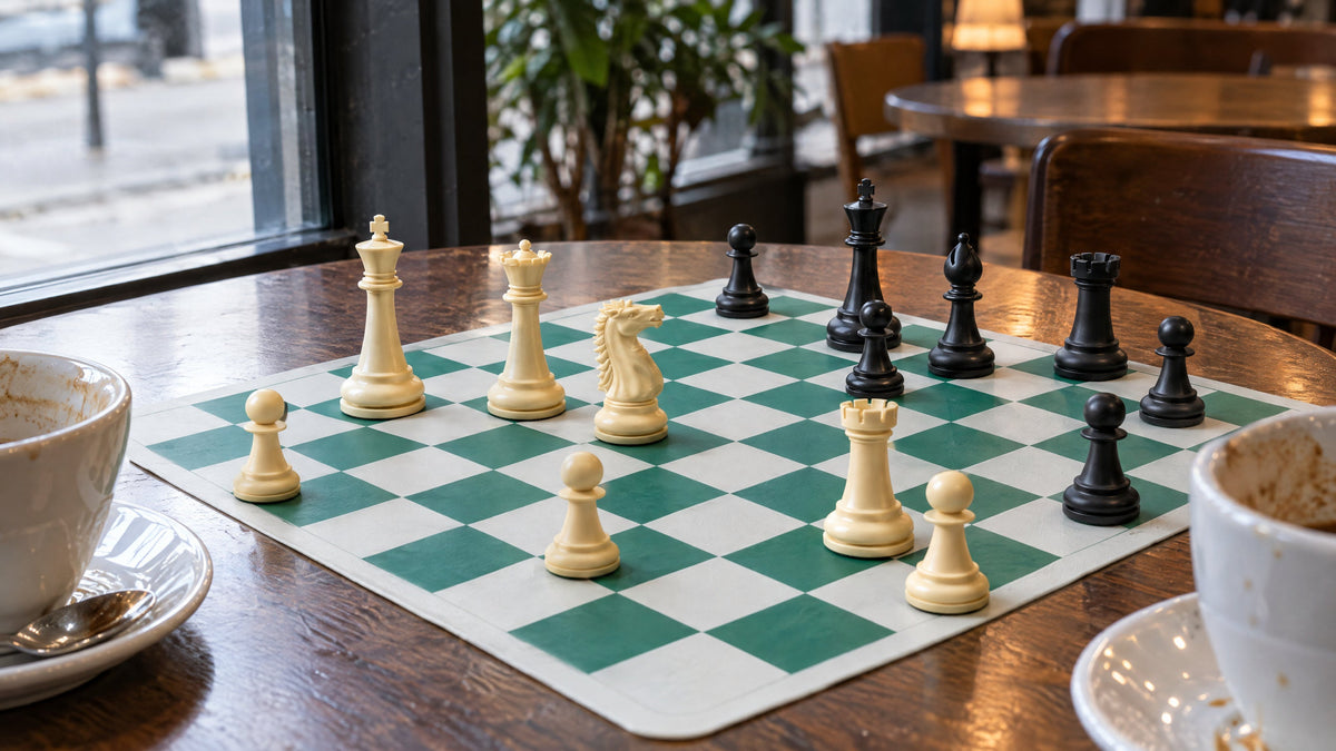 A game in progress with cream and black weighted pieces on a cafe table beside two coffee cups