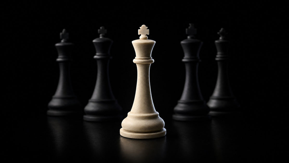 A single cream chess king lit in a pool of light with darker kings receding behind it