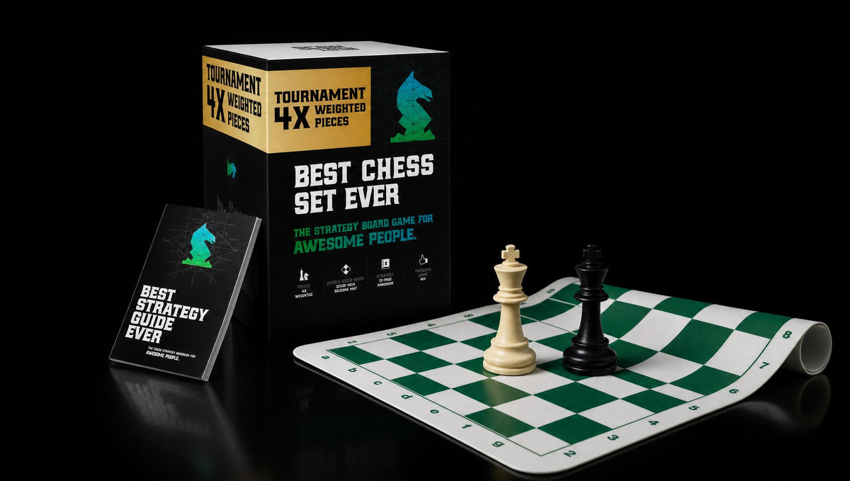 The Best Chess Set Ever 4X box and strategy guide beside a silicone board with a cream king and a black king