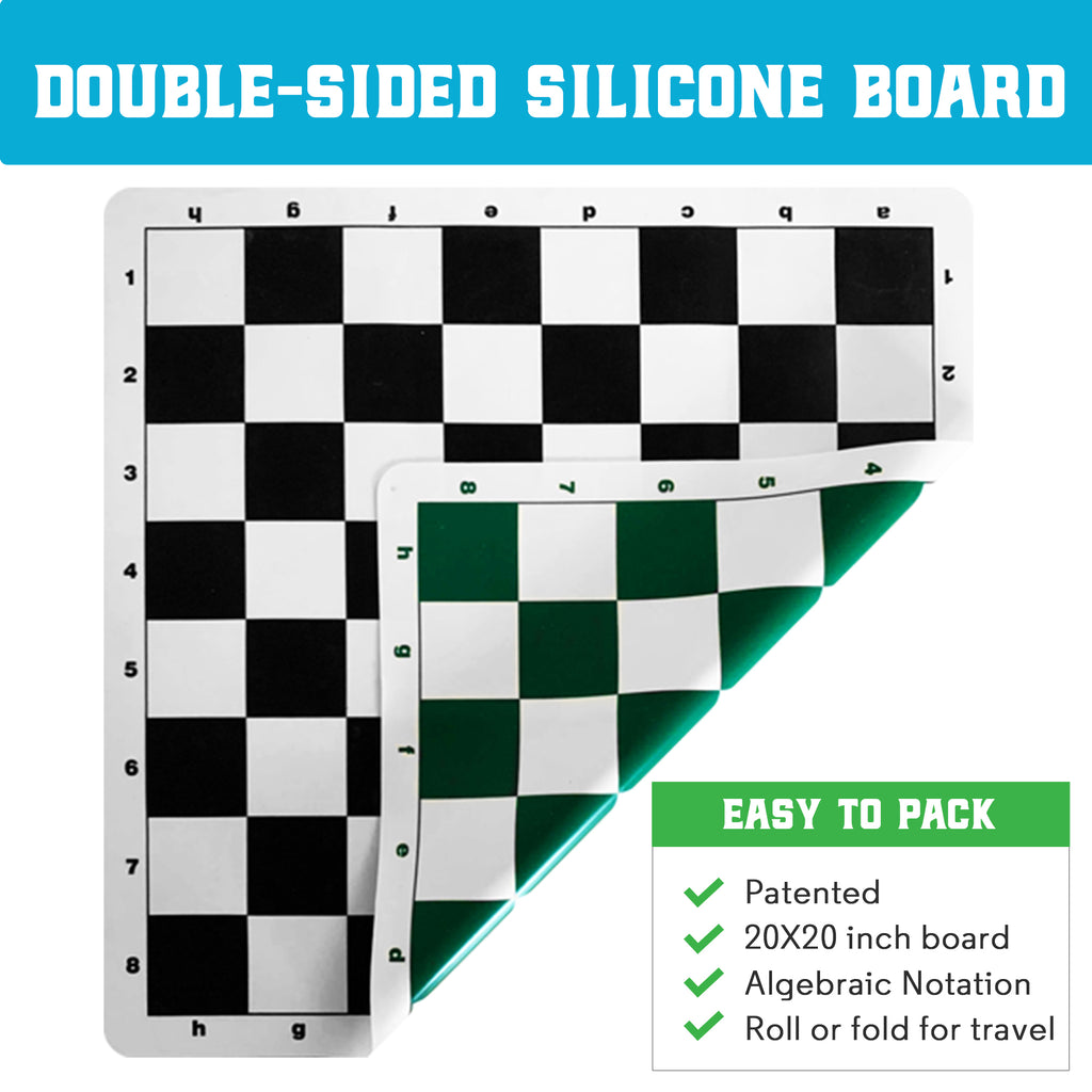 Patented Chess Board - Double-Sided 20x20 Silicone Board - Tournament Regulation - Foldable, Spill Proof, Stain Resistant - for Travel