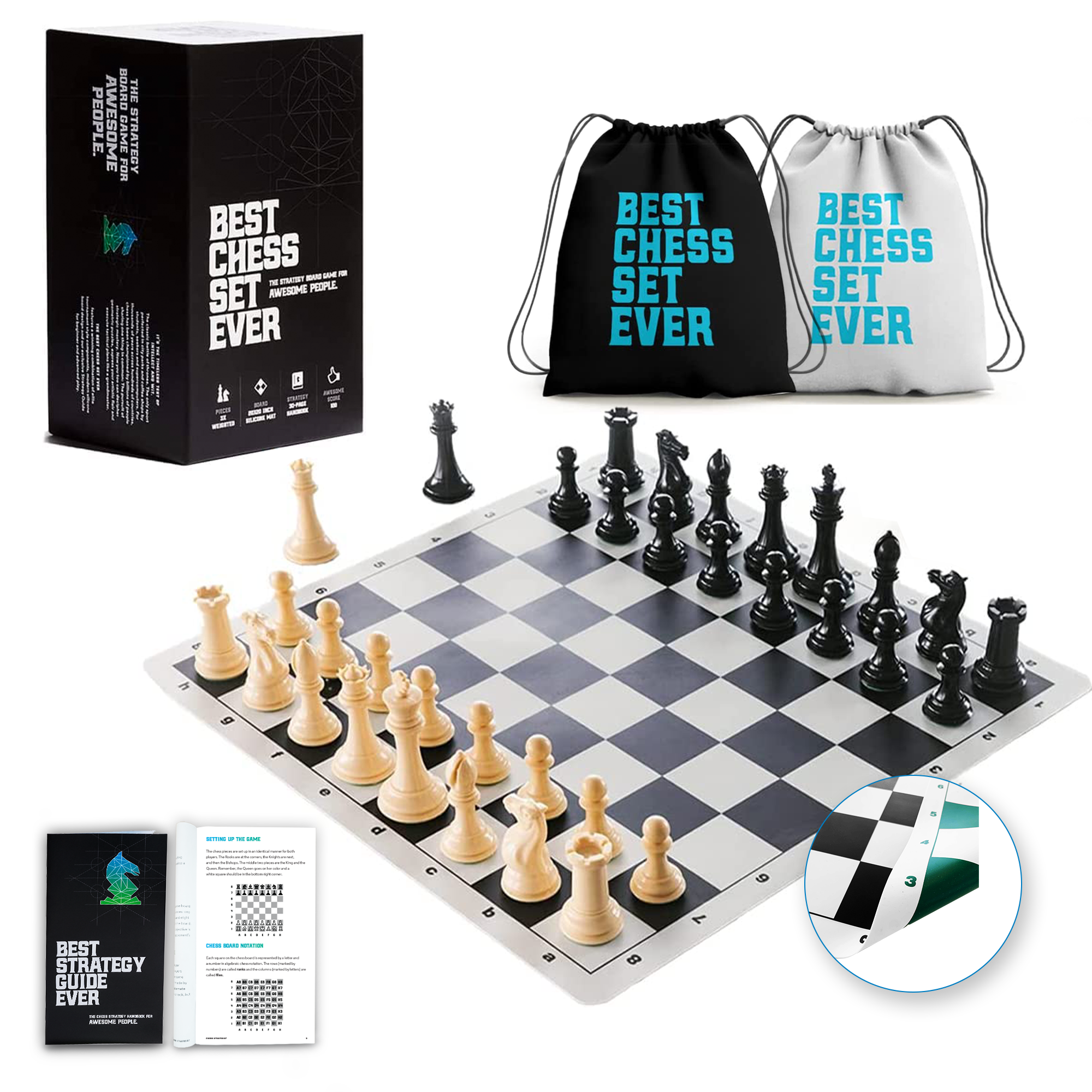 Tournament Chess Set - 34 Chess Pieces - Black Chess Board (20 x