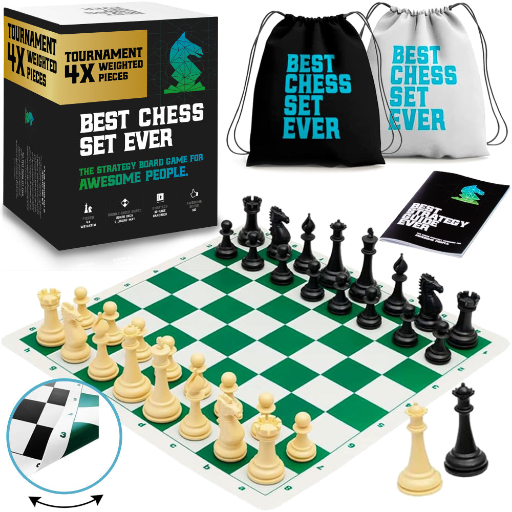 Best Chess Set Ever 4X box, two drawstring bags, board and strategy guide
