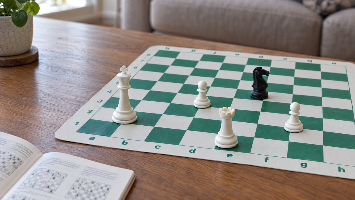 A green and white silicone chess board with printed a-h and 1-8 notation, a few pieces on it and a chess booklet open beside it