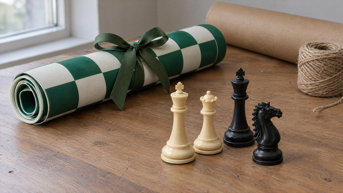 A rolled chess board tied with a green ribbon beside cream and black pieces and a roll of kraft paper
