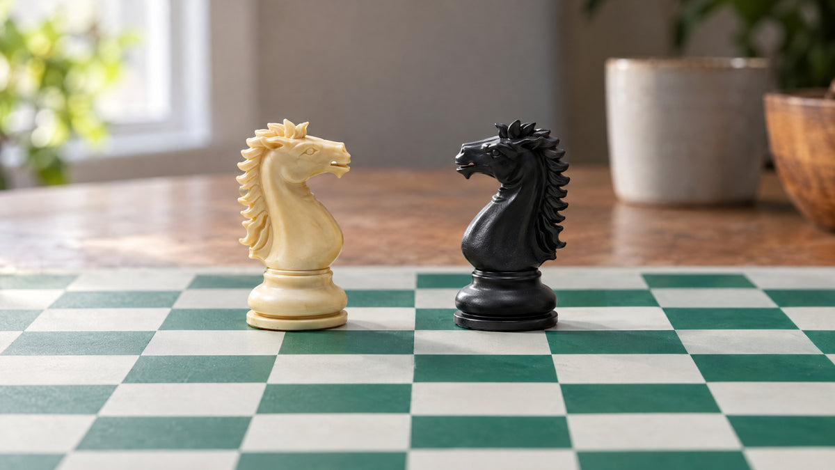 A cream knight and a black knight with carved manes facing each other across the board