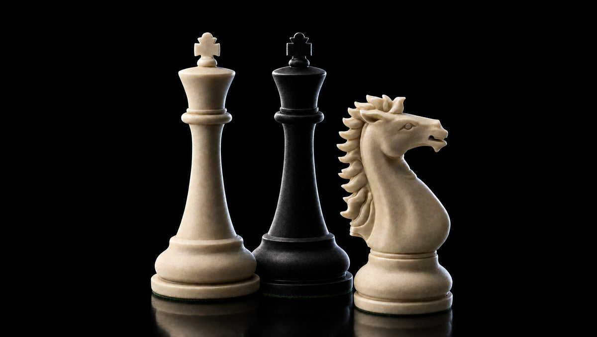 Cream and black weighted Staunton kings and a cream knight in close up under a hard studio light