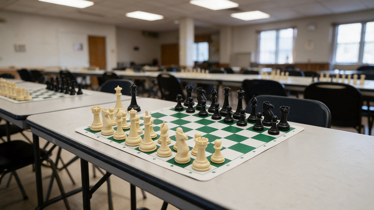 Green and white boards set up with chess sets on folding tables in a club hall