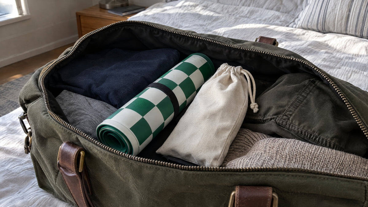 A rolled chess board and a drawstring bag of pieces packed in an open weekend bag on a bed