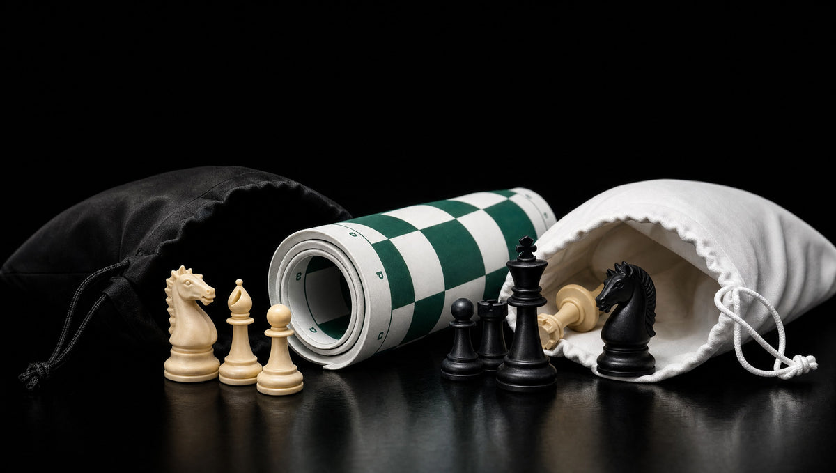 A rolled silicone chess board, two drawstring bags and weighted Staunton pieces unpacked on a black background