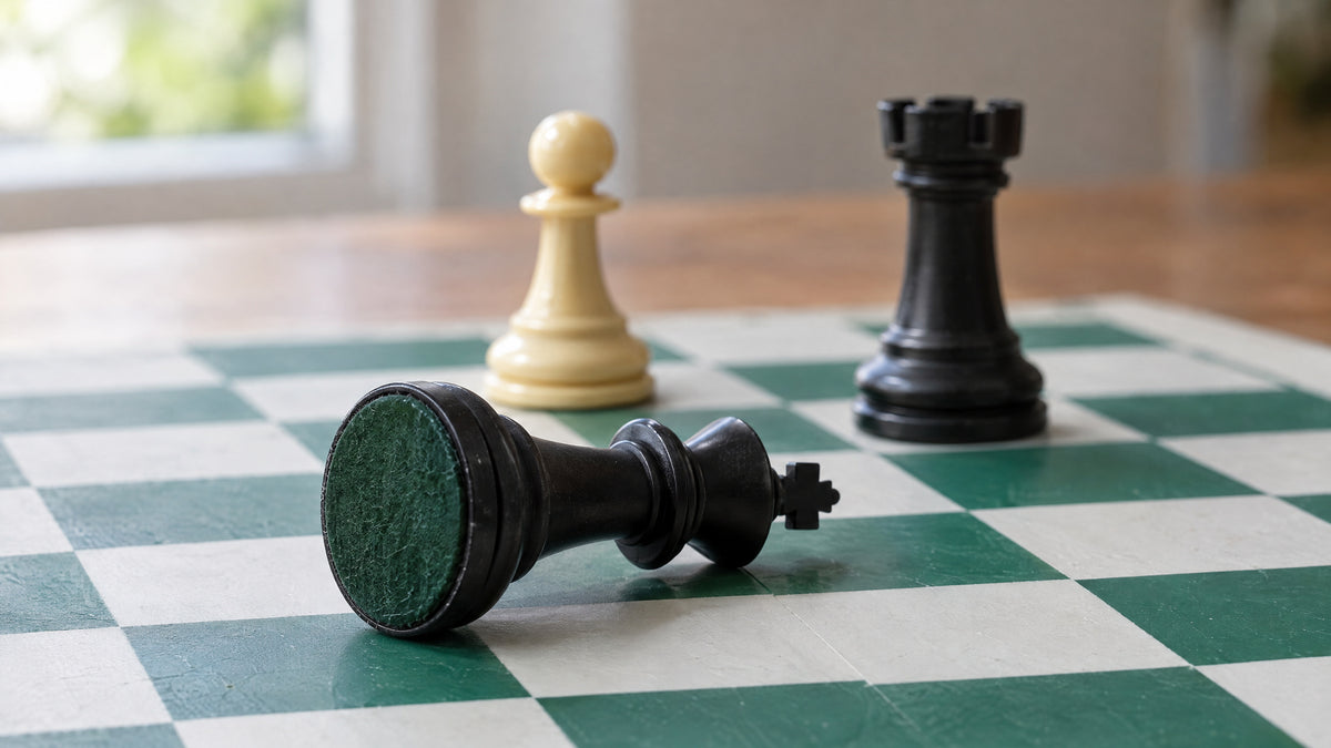 A weighted black king on its side showing its felt base, with a cream pawn and a black rook behind